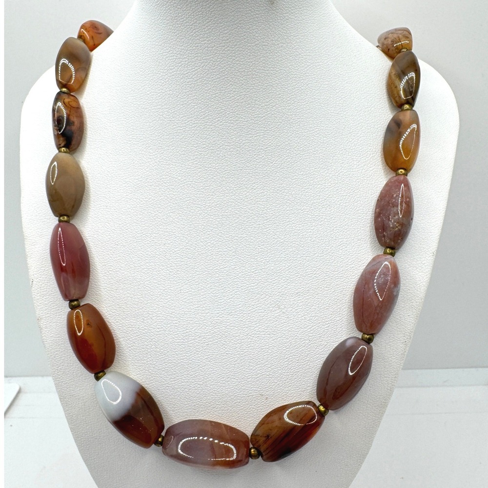 Vintage Natural Agate Stone Beaded Necklace Brown Rust Earth Tones 20 Inch